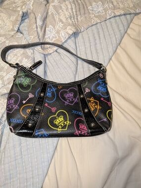 XOXO Black Shoulder Bag with Multicolor Heart & Crown Print